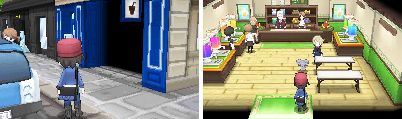 A lady and her Fletchling (and a taxi) wait outside the Juice Shoppe.