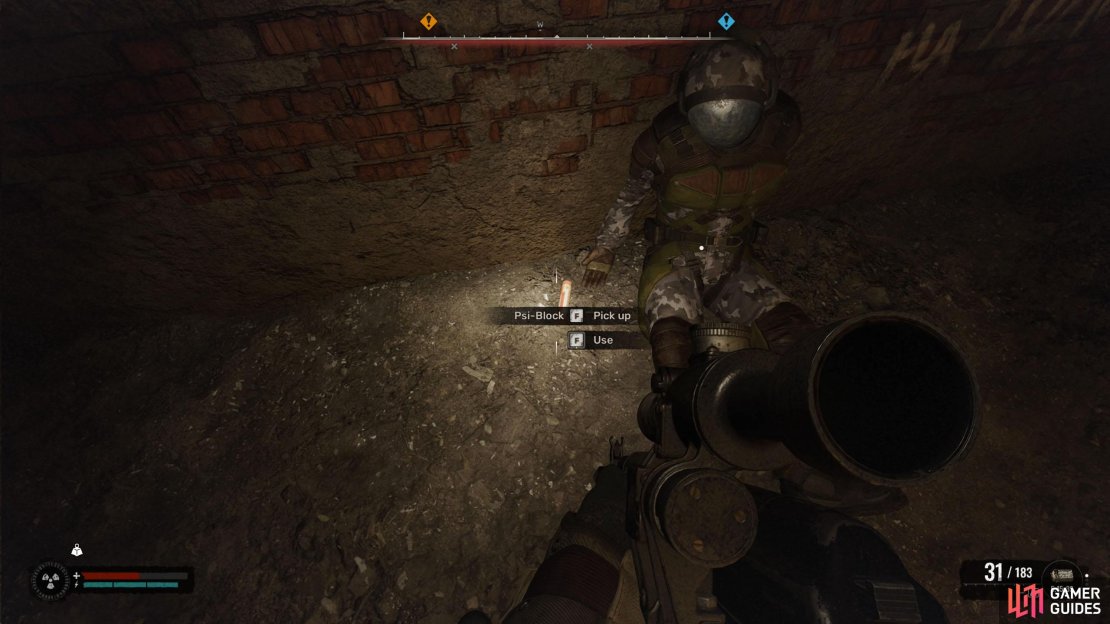 At the top of the stairs, a zombie will be to your left. Next to the enemy is a corpse with a Psi-Block.