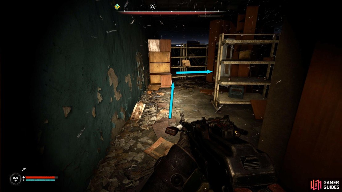 Crouch your way south through the maze and go through the doorway at the end.