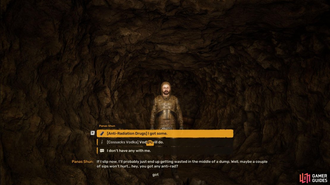 Inside the Poisonous Hole Stash, you&rsquo;ll find Panas. He will be friendly if you don&rsquo;t steal his stashes. Hand over the Anti Rad meds.