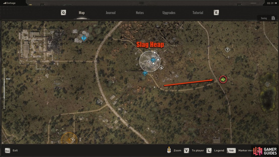 Follow the eastern path from Slag Heap to find the Power Transmission Stash.