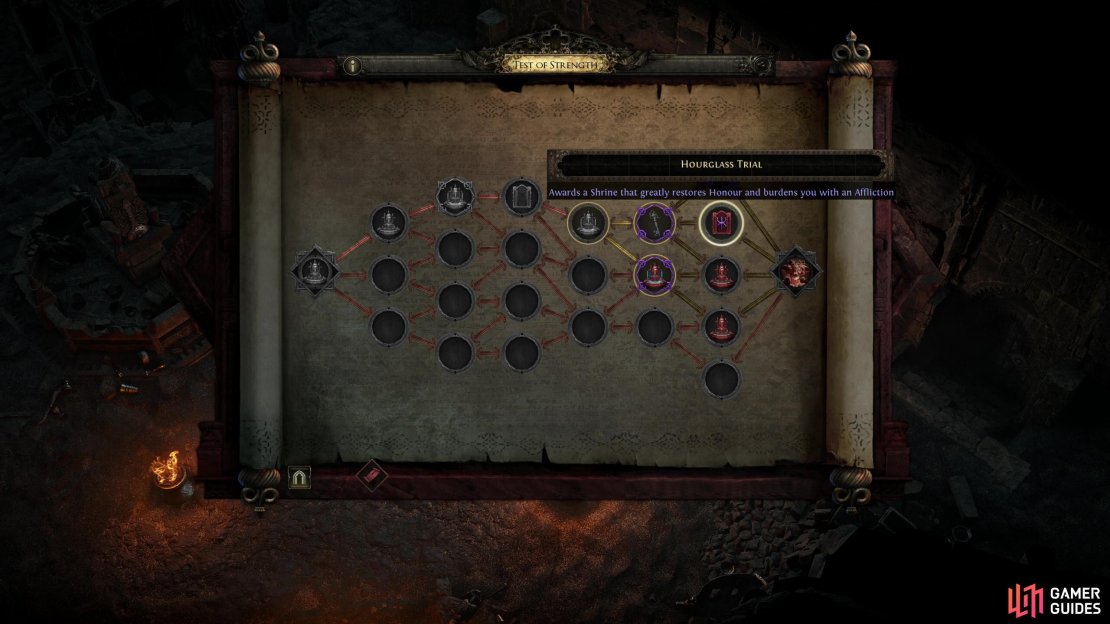 Be mindful of the rewards and afflictions each Trail Room offers as you work your way to the right of the map.