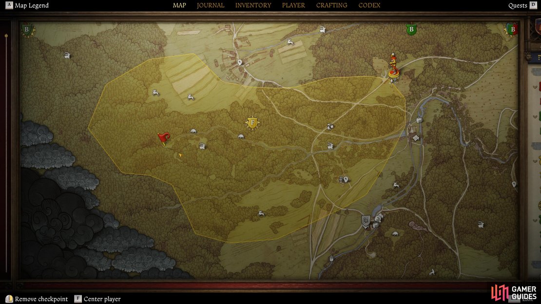 The location of the bones can be found to the west of the search area.