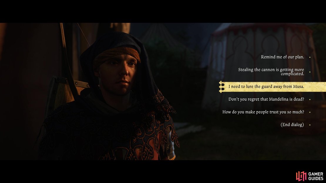 Have Katherine distract the guard so you can speak to Musa and learn his suspicions.