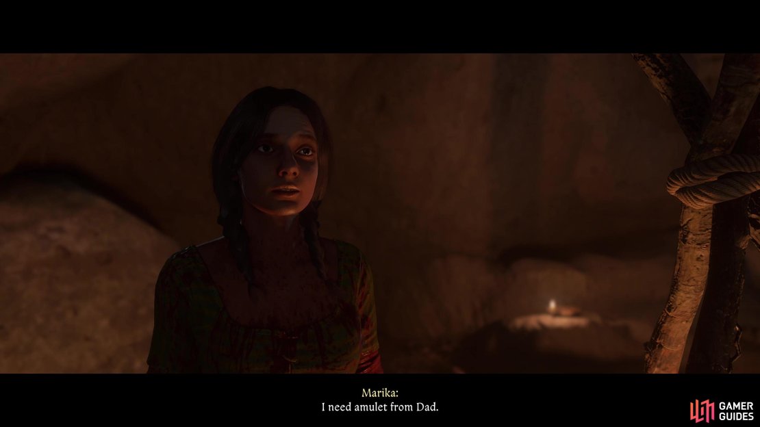 Find Marika hiding out in a cave in Apollonia and she&rsquo;ll ask you to get an amulet from her father.
