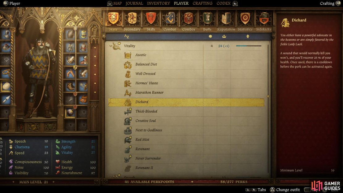 Vitality perks help simplify survival and simulation aspects of the game, making your stamina regenerate faster, your Nourishment deplete slower and, in the case of the &ldquo;Die Hard&rdquo; perk, giving you a second chance in combat when your Health is depleted.