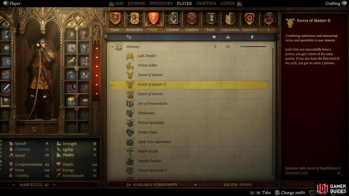 Get Alchemy perks like &ldquo;Secret of Matter&rdquo; and &ldquo;Secret of Secrets&rdquo; to make your potion brewing endeavors more productive.