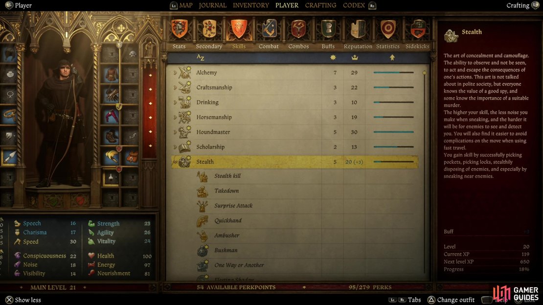 The higher your Stealth skill, the easier you&rsquo;ll be able to sneak about without being detected.