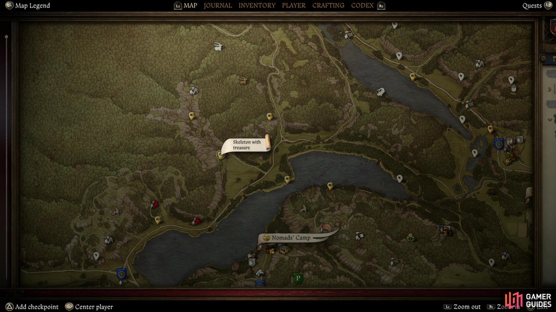 Your goal is the &ldquo;Skeleton with Treasure&rdquo; point of interest in the rocks northwest of Rocktower Pond.