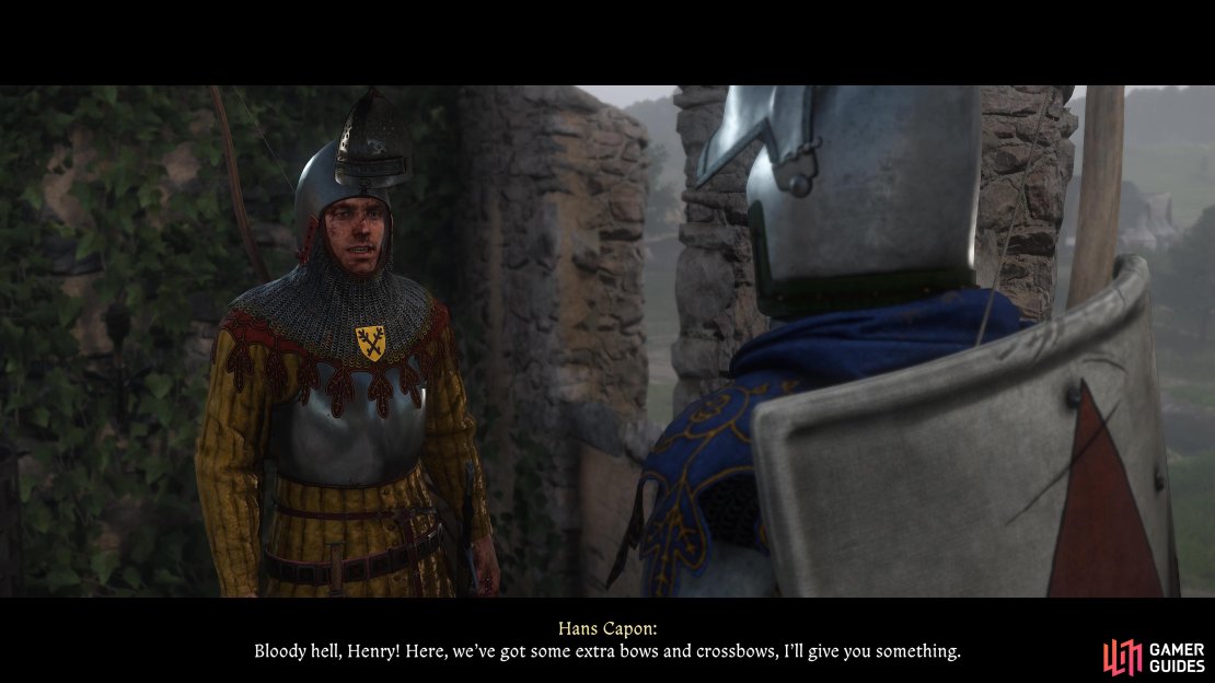 Hans will give you a strong Bow or Crossbow if you don&rsquo;t have one equipped when speaking to him.