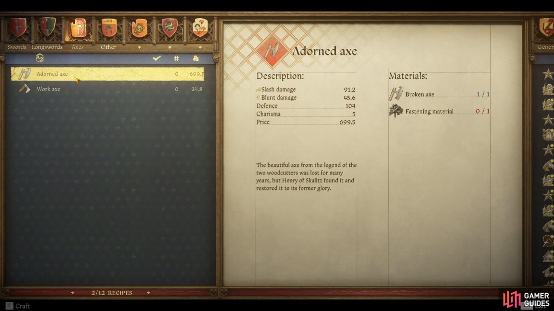 Head to the Blacksmith, use the Anvil, and select the Adorned Axe.
