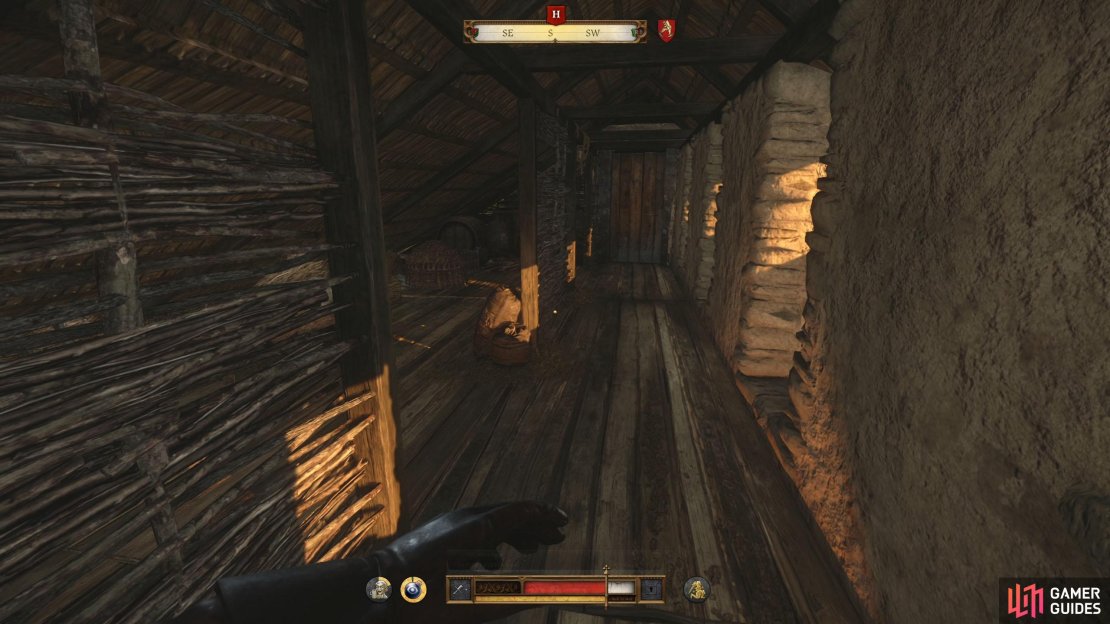 Follow the battlements south and go through the door.