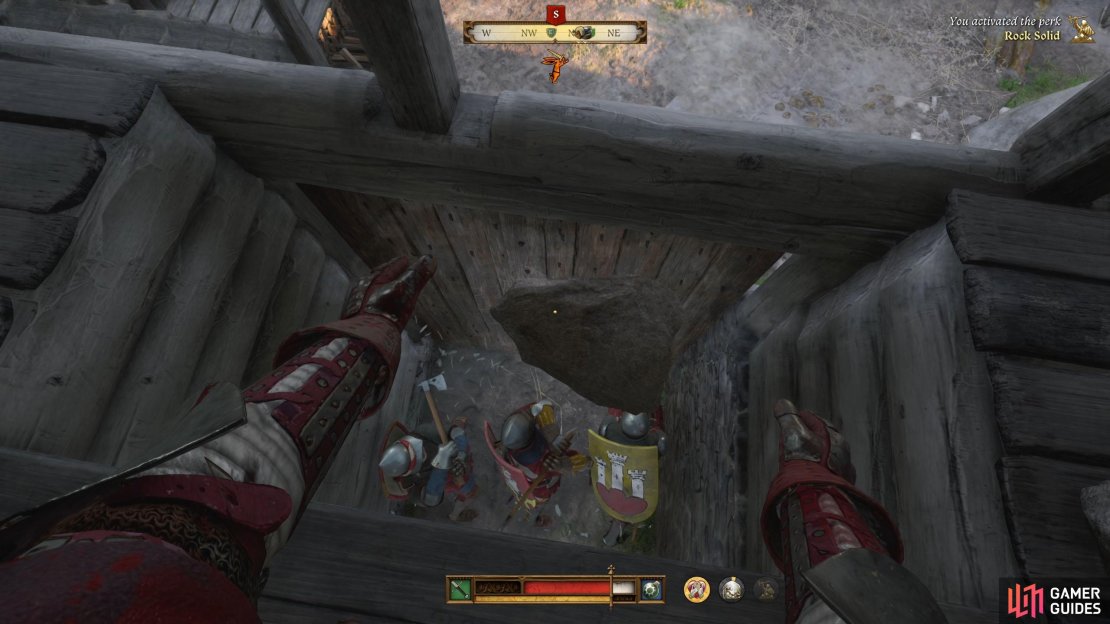 When the front gets attacked, head to where you spoke to Hans and drop a stone through the hole.