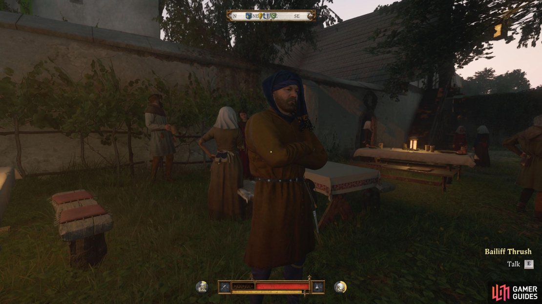 Speak to Bailiff Thrush in the courtyard to start the dice tournament.