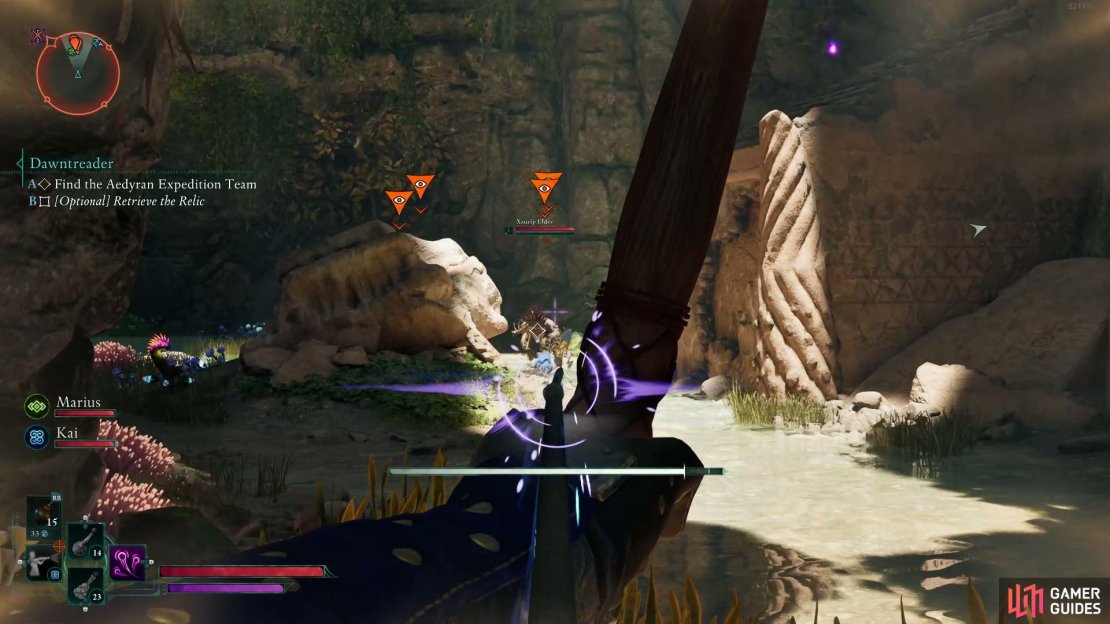 Defeat the xaurips before hopping on the broken bridge.