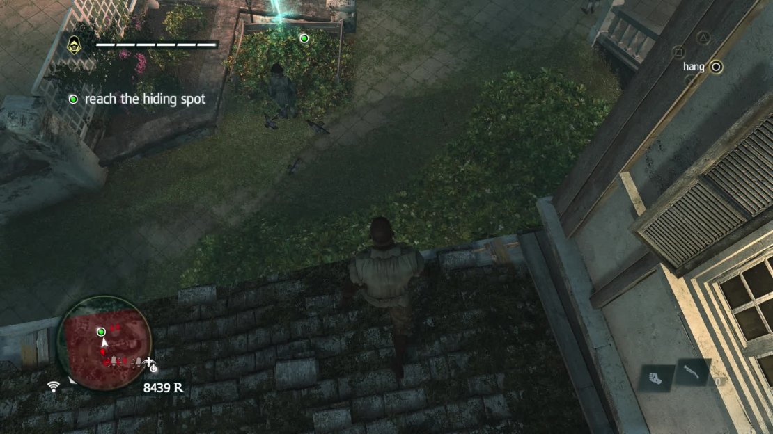 Don&rsquo;t jump on him from here or you may alert other guards and you cannot risk that. Jump in the bushes below you and whistle him over.