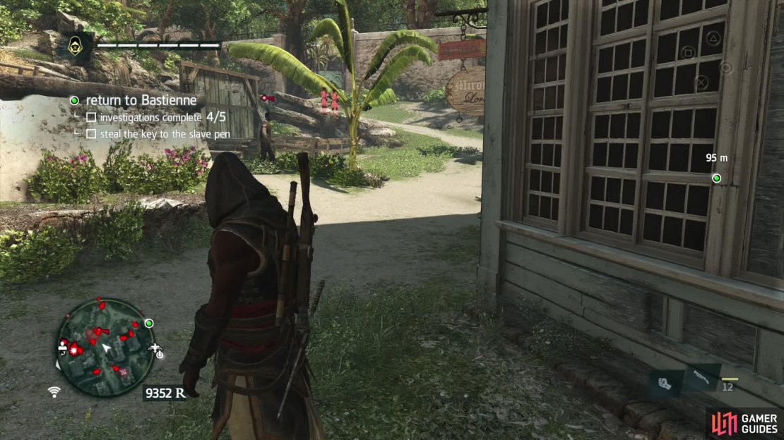 Once he moves off to the right again, run to the bushes to the right of the slave auction platform. You can then wait for him to walk past your position and pickpocket him when he&rsquo;s away from any guards.