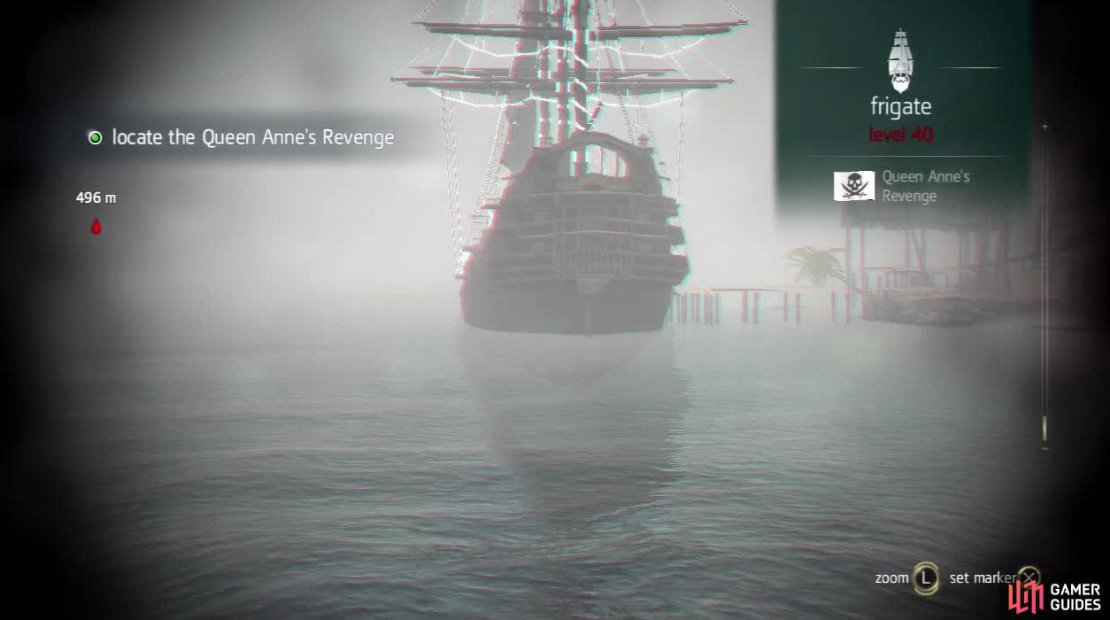 Simply sail over to Mariguana Island and sight your telescope on the very large ship docked there to find the Queen Anne&rsquo;s Revenge.