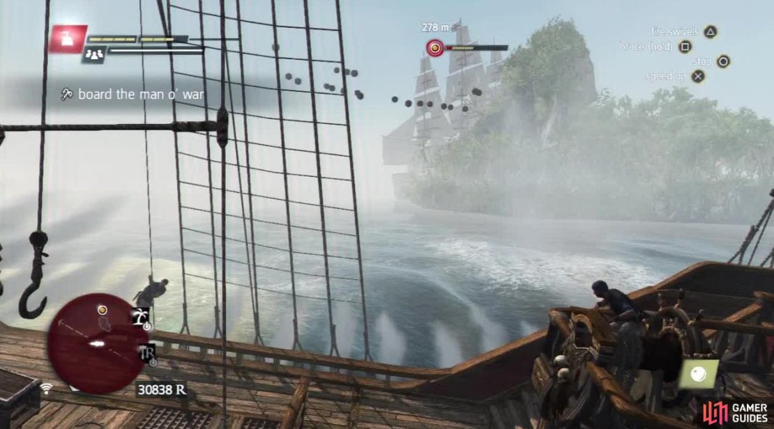 You can make things easier by keeping an island between you and the Man O&rsquo; War. It is also best to close in on the ship when it is not facing you broadside on. Unleash Heavy Shot in those moments and you will win out.