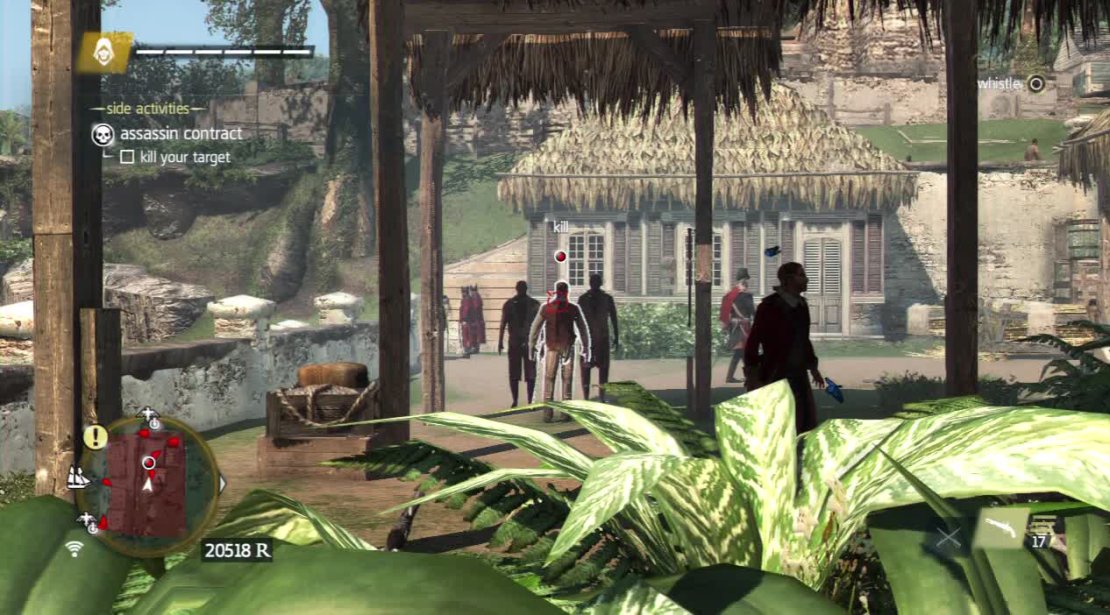 You can also sneak over the wall and into the bushes. Move up as far as you can and take aim with your pistol. If you can get two quick shots off or one good headshot, you can kill him before the guards react.