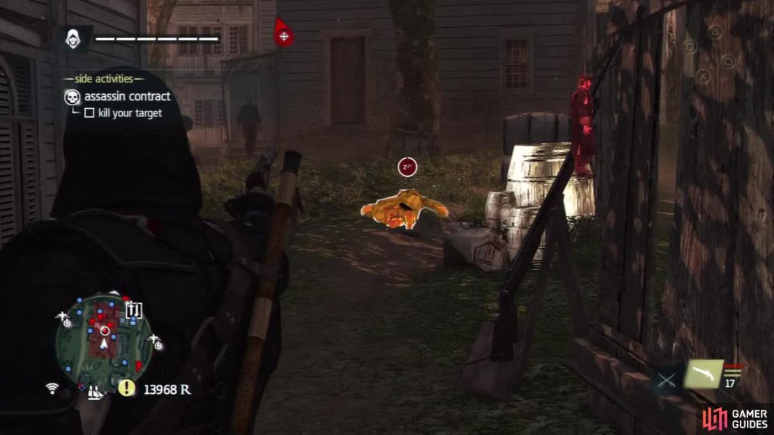 Alternatively you can go round the side of the building, put to sleep the guard at the entrance and near the haystack and then shoot the target in the head when the Gunner on the roof isn&rsquo;t looking.