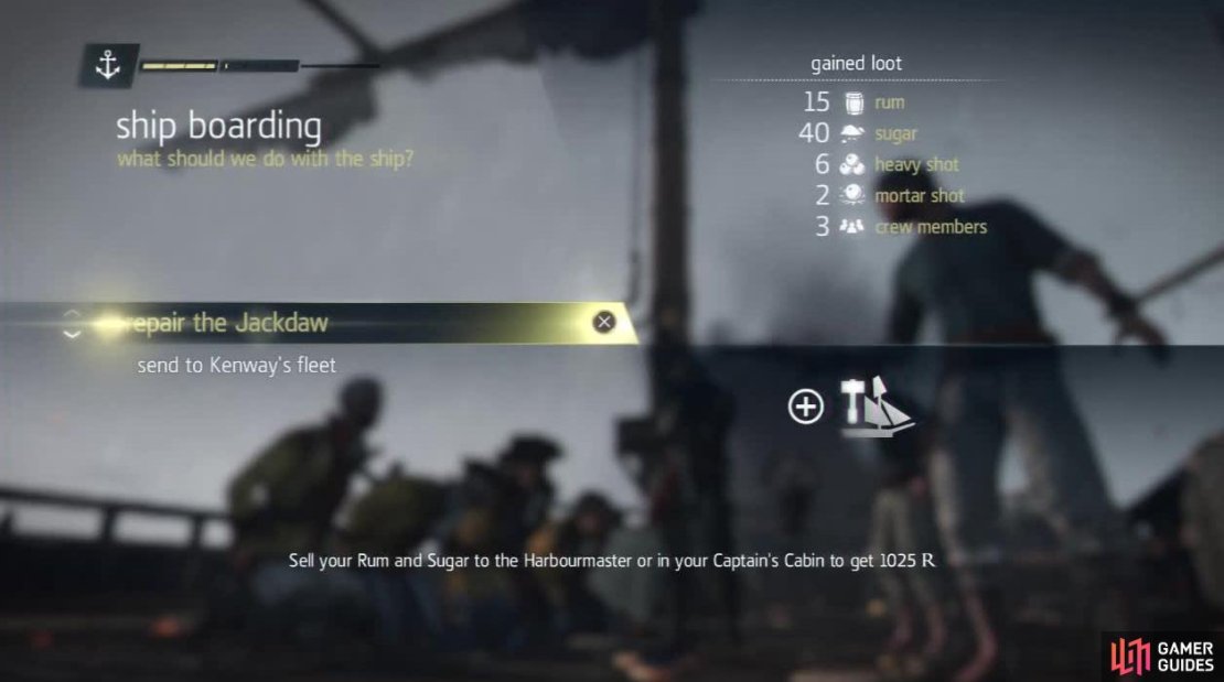 If you find yourself low on ship health, take out the enemy ship, board it and select &ldquo;repair the Jackdaw&rdquo; once you have taken the ship.