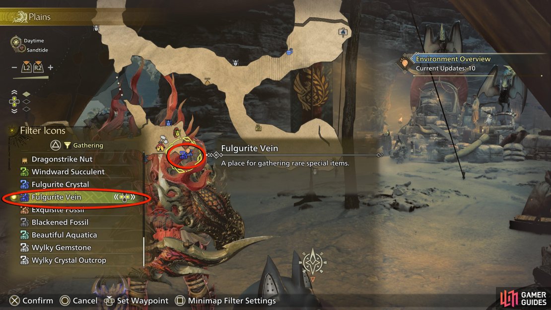 Fulgerite Veins can be found in the Windward Plains during the Fallow and Inclemency states.