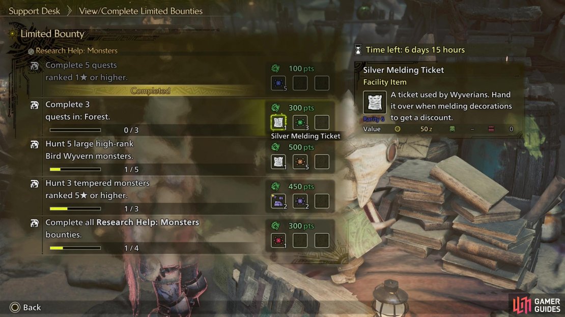 Complete bounties to score Melding Tickets,