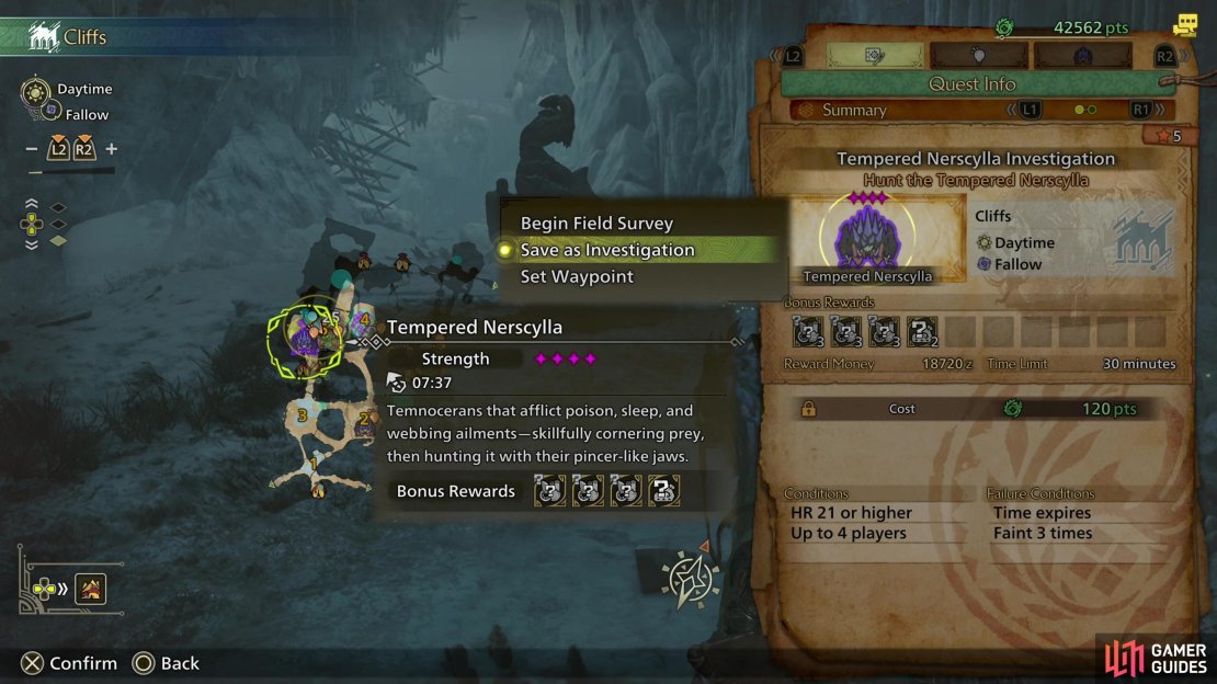You can save a monster you spot as a future Investigation directly from the local map, if you wish to hunt it later.