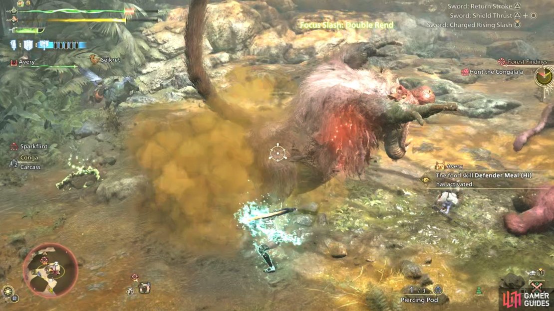 Always avoid Congalala&rsquo;s attacks by being at its side. Don&rsquo;t try to dodge by rolling into the attack or away from it.