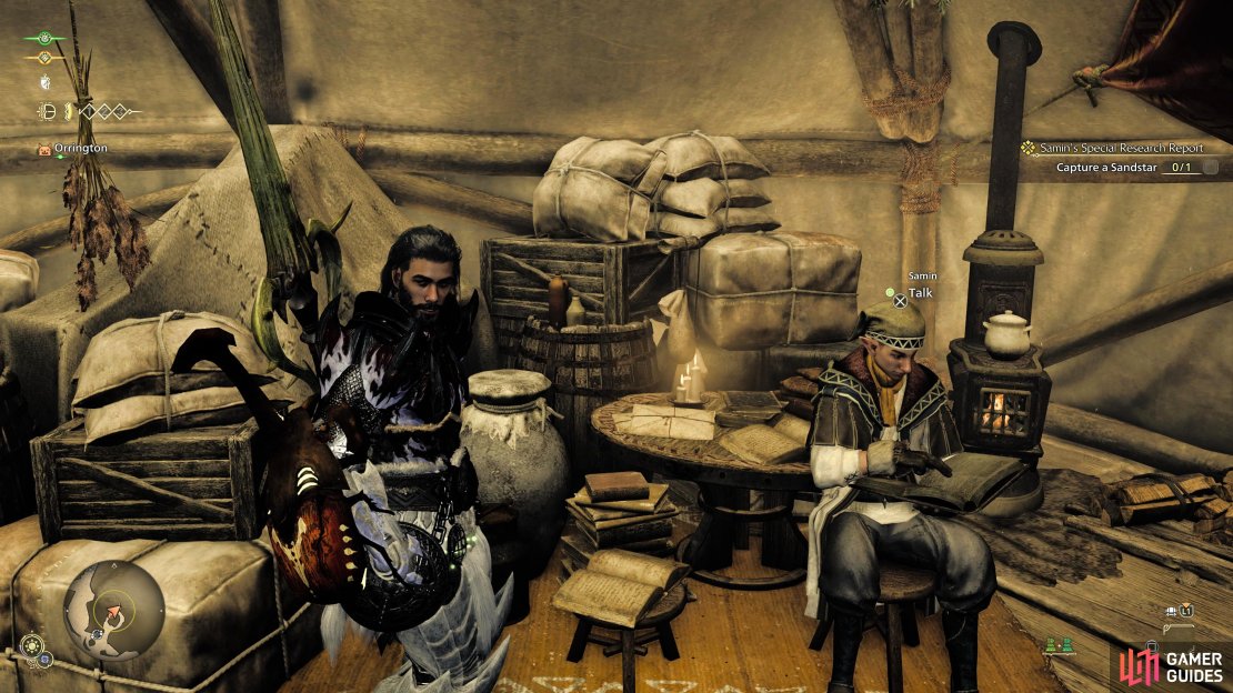 You can find Samin in the Research Tent at the Windward Plains Base Camp. He&rsquo;ll be next to Dareel.