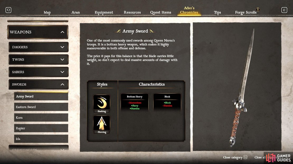 The Army Sword is obtained early in the game.
