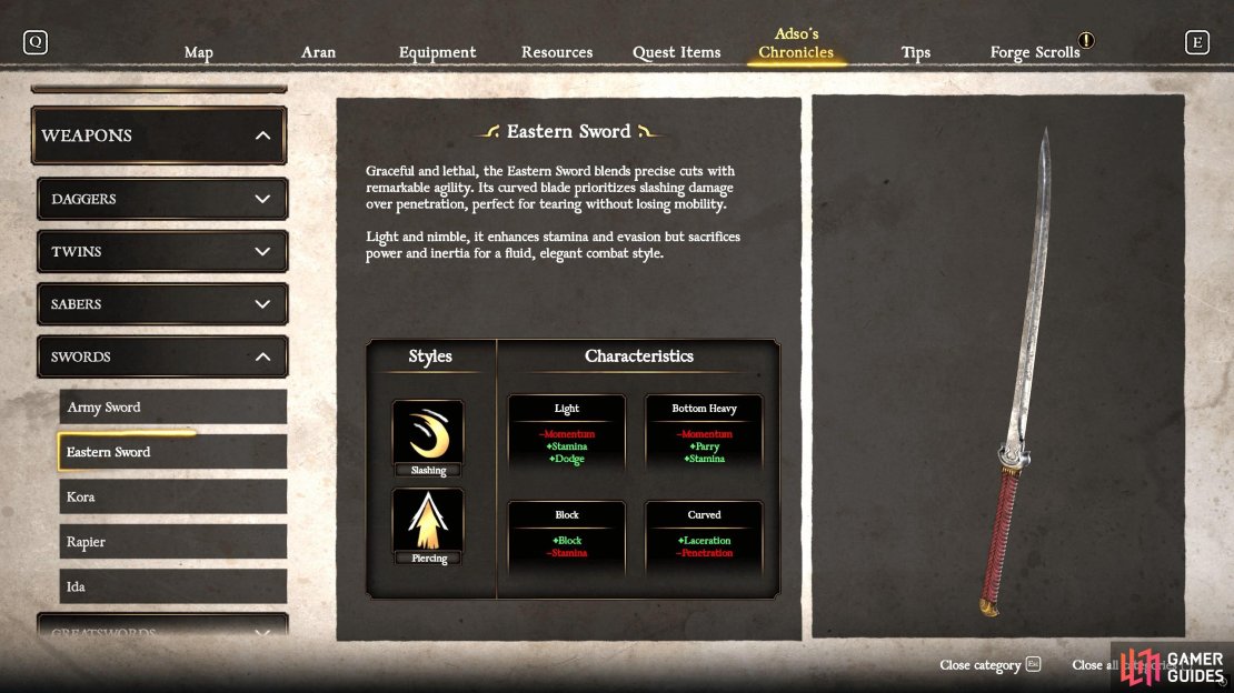 The Eastern Sword is a Katana that favors quick-slashing attacks.