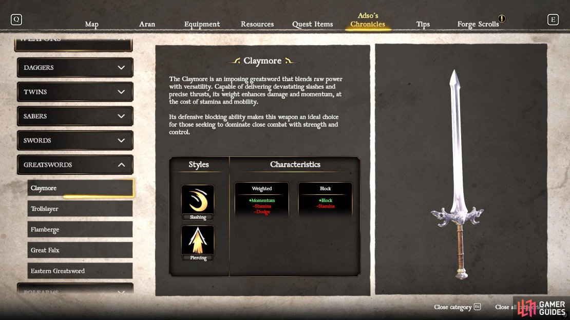 The Claymore is the first greatsword you&rsquo;ll obtain. A bit on the slow side, but it offers great defensive ability with respectable damage.