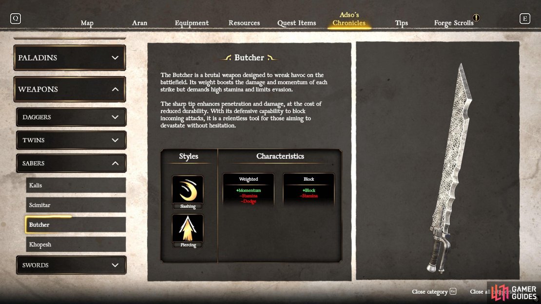 The Butcher is a powerhouse of a weapon that favors piercing attacks due to its sharp tip. However, don&rsquo;t expect to defend too much with this weapon.