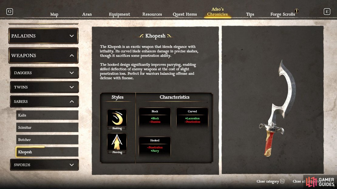 Another well-balanced weapon, offering good offense and defense, thanks to its curved blade.