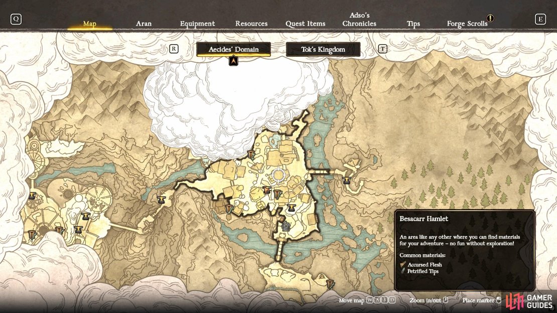 When you hover over a specific part of the map, it&rsquo;ll display the common materials that you&rsquo;ll find there.