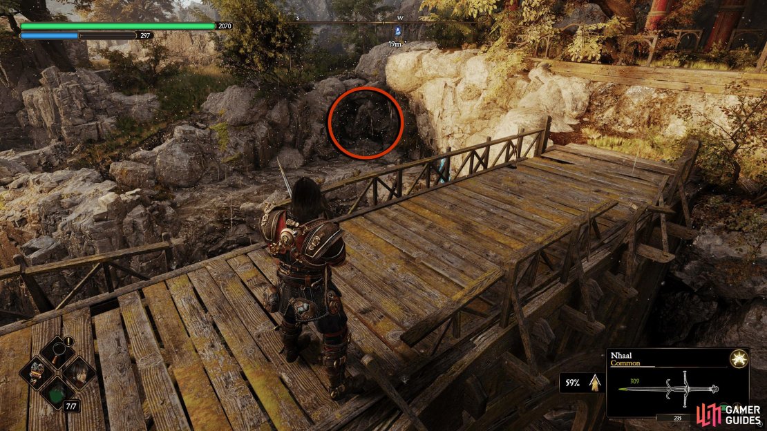 Go across the bridge outside The Crimson Fort to find clouds of blue butterflies. Eventually, they&rsquo;ll lead you to the circled location.