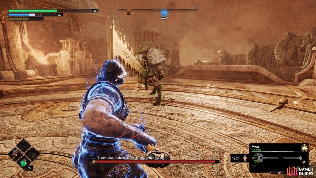 At first, Thalmudak will perform an overhead slash.