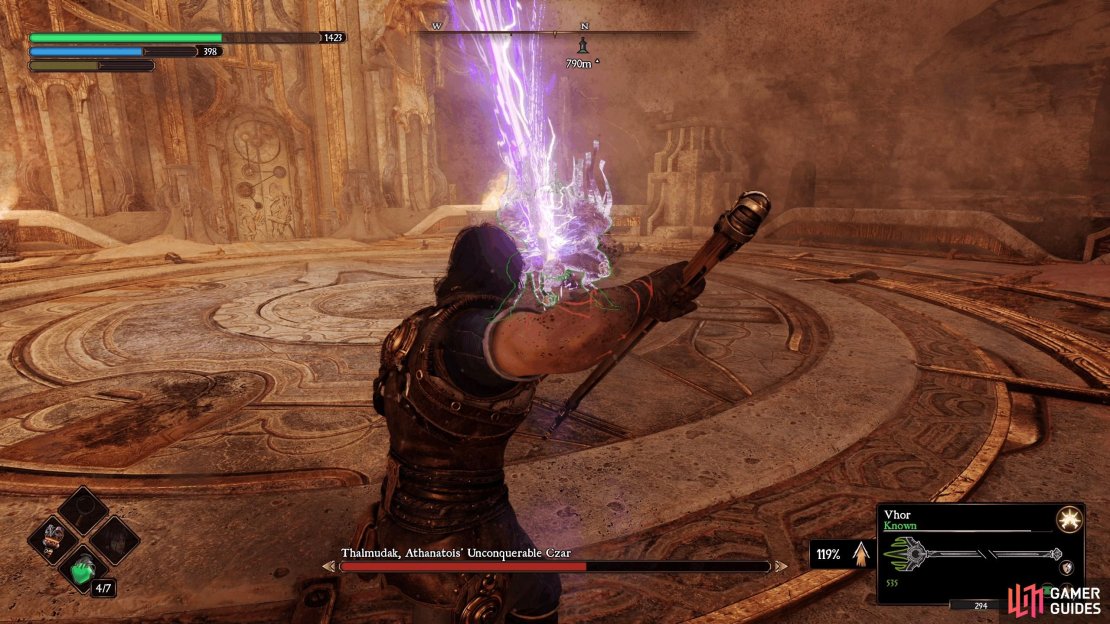 As the battle comes to an end, Thalmudak will charge his sword with lightning energy.