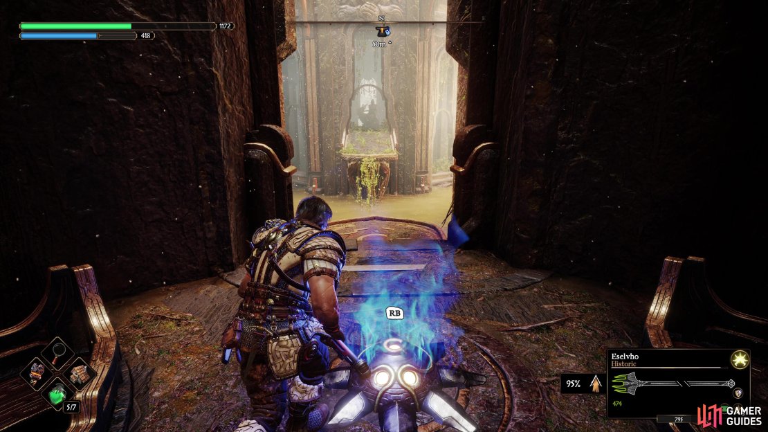 You’ll need to find a way to get a Blue Flame here in Forger’s Sanctum if you want to reach the tower in the center.