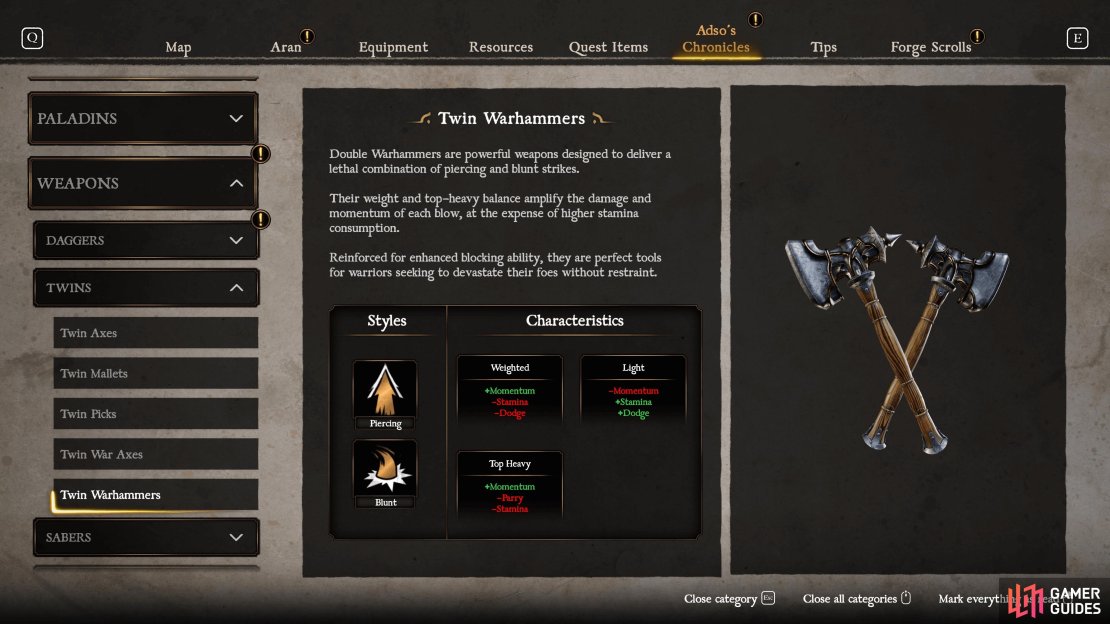 The Twin Warhammers are all about having a fast weapon with the Piercing and Blunt styles on them.