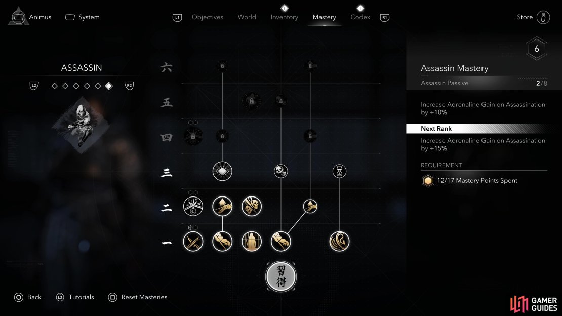 The Assassin Mastery category focuses on Naoe&rsquo;s Hidden Blade.