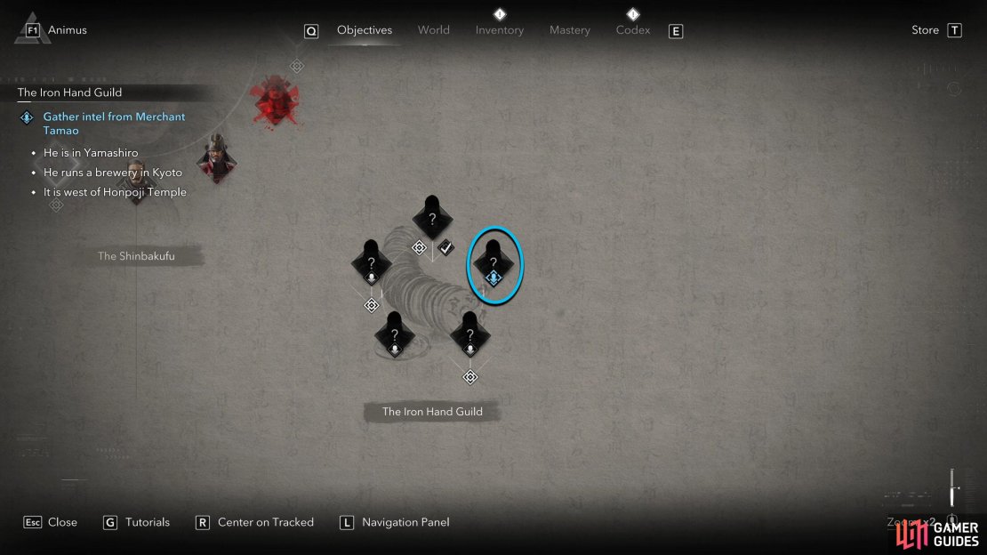 Merchant Tamao is the silhouette on the right. Click the quest marker to track him.