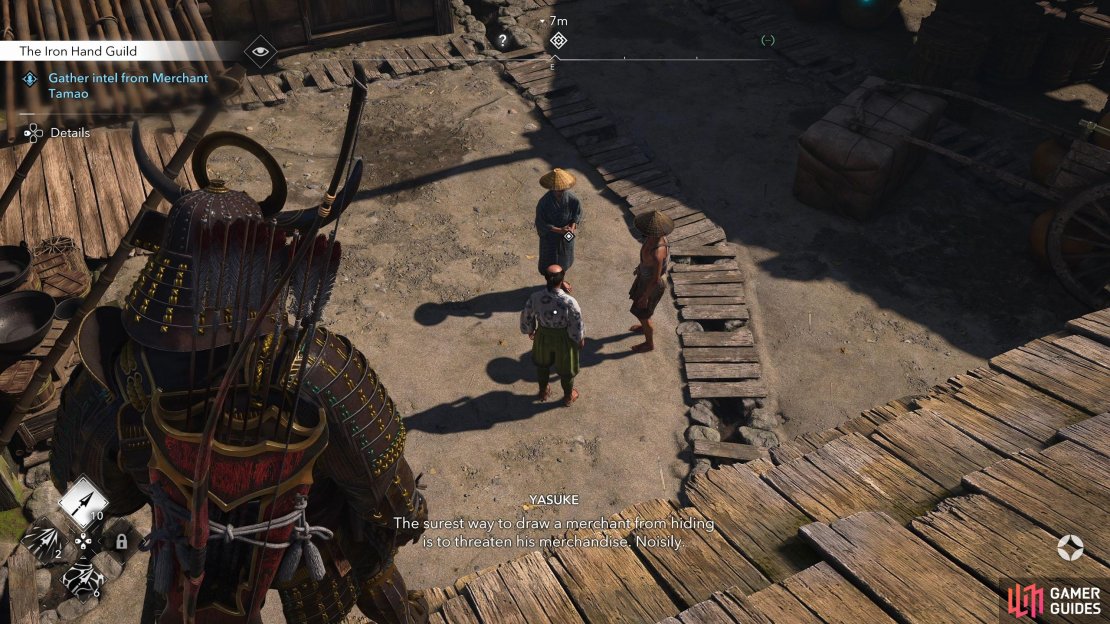 When you reach the building that Merchant Tamao is hiding at, you&rsquo;ll see a group of people talking about him.