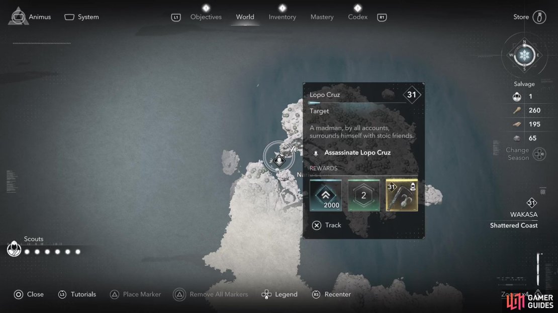 Lopo Cruz is on a ship, near the Nariu&rsquo;s Lair location in Shattered Coast.
