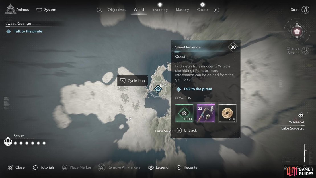The pirate Oni-yura is looking for is found in the northern part of Lake Suigetsu.