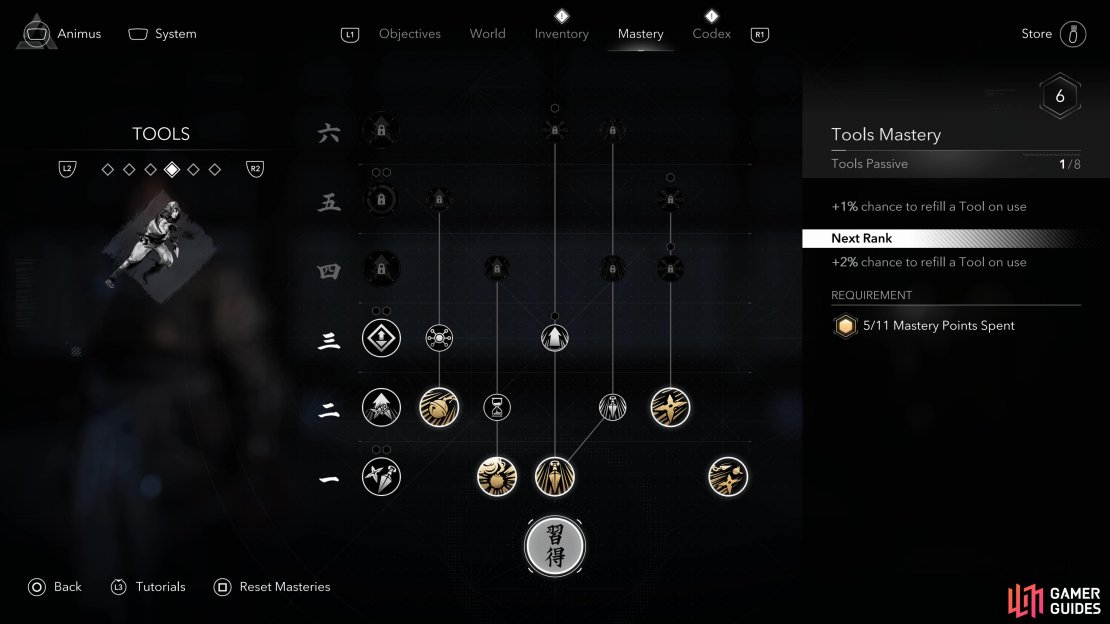 The Tools Mastery category are focused on Naoe&rsquo;s Shinobi tools.