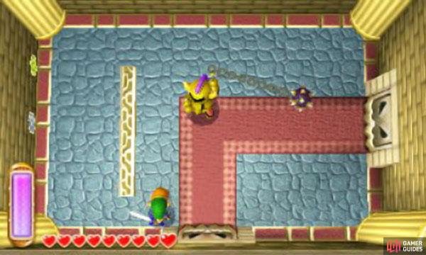 Ball and Chain Soldiers are tough cookies. At the earliest opportunity, use the Hookshot, Boomerang or Tornado Rod to stun one. Then run in and slash once (or twice), before immediately stunning him again and repeat. If the soldier becomes unstunned, run back and do a big circular movements to avoid getting hit. When the chain&rsquo;s stretched, go in and stun him again.
