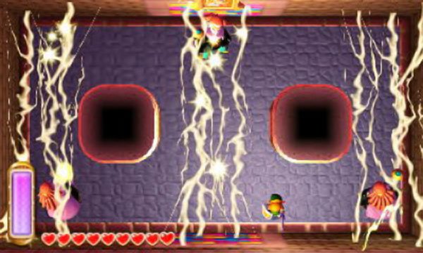 His painting attacks for reference:  Yellow: Lines of lightning fill most of the room. To avoid, run for the area where there&rsquo;s no lightning or merge into the wall; it&rsquo;s easier to do the latter.  Green: Three enemy soldiers will emerge from the wall to harass Link. When angry, four strong soldiers will appear. Stun them with the Hammer or Tornado Rod and hack them to bits. If cornered, merge into the wall to escape.  Red: Fireballs cycle around the whole perimeter of the room. Just stay in the middle to avoid.